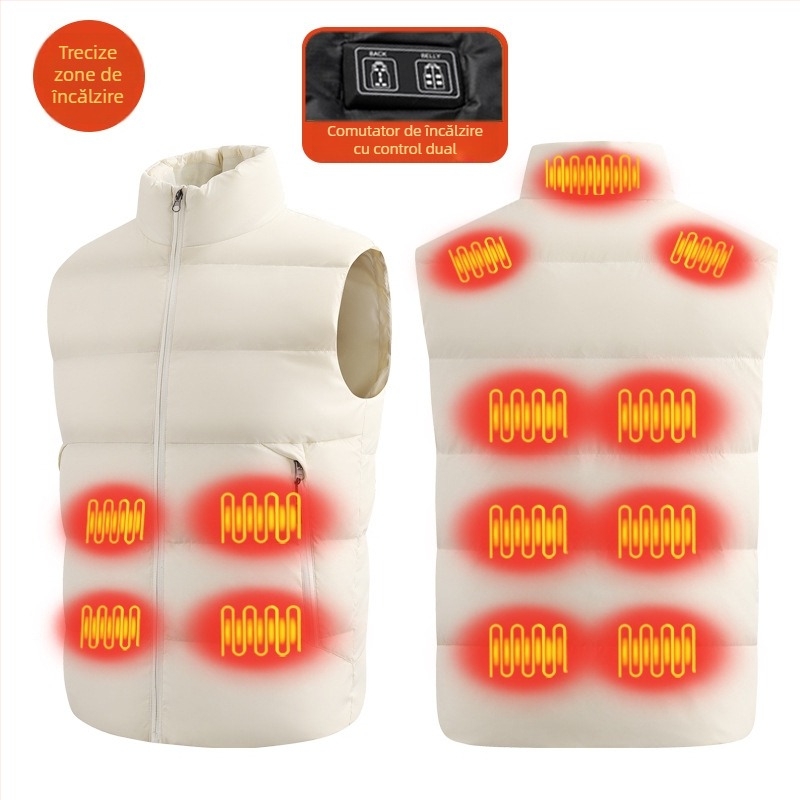 Vestă încălzită din puf, încălzire electrică, umplutură puf de rață alb 101–200 g, fermoar, guler înalt