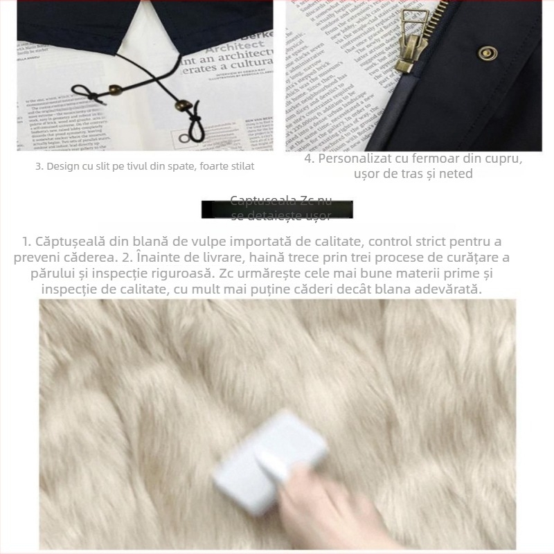 Parcă de damă cu căptușeală detașabilă din blană de vulpe artificială, corduroy material, conținut blană vulpe sub 30%, lungime medie până la genunchi, Primăvara 2023