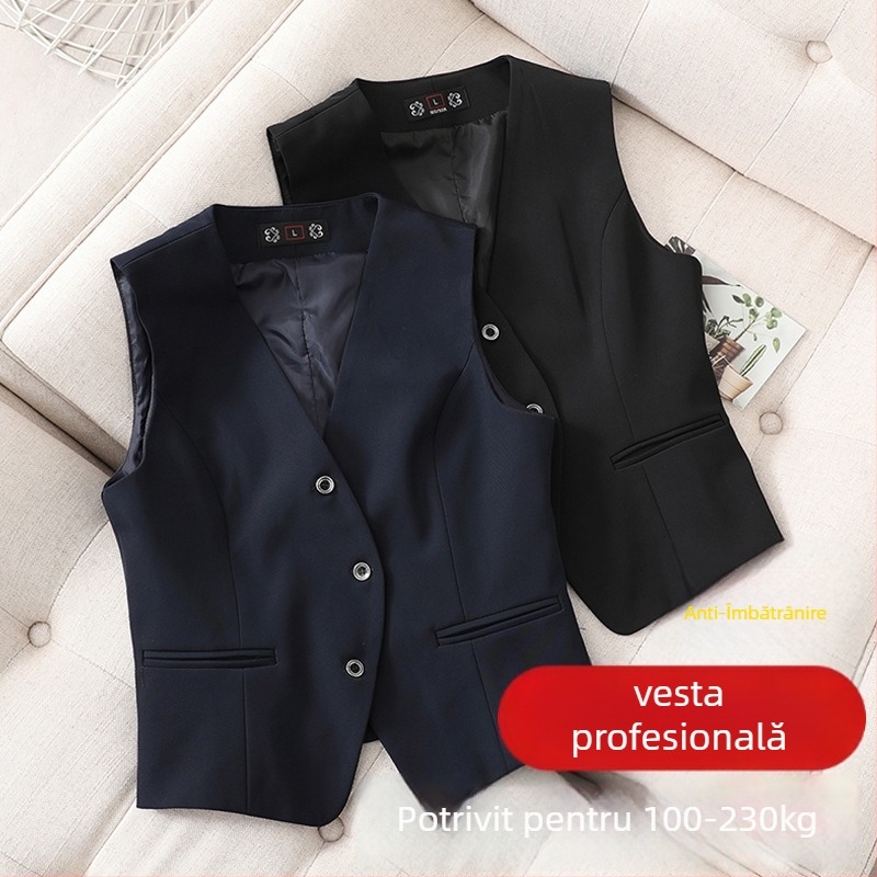 Vesta profesională pentru femei, birou, din nylon cu elastan și poliester, guler de costum, nasturi pe un singur rând, căptușeală poliester