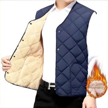 Vestă bărbătească cu glugă, corduroy dungat, căptușită cu blană de iepure, nasturi dublu-rând