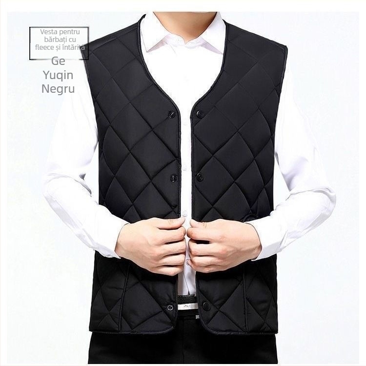 Vestă bărbătească cu glugă, corduroy dungat, căptușită cu blană de iepure, nasturi dublu-rând