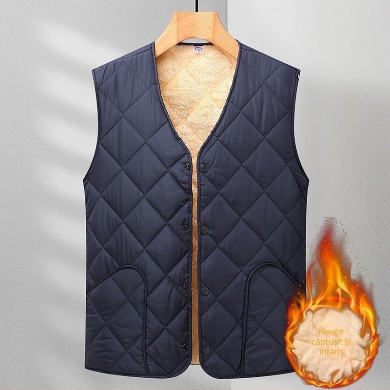 Vestă bărbătească cu glugă, corduroy dungat, căptușită cu blană de iepure, nasturi dublu-rând