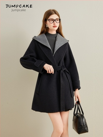 Palton de lână cu glugă pentru femei, închidere cu șnur, cașmir pe două fețe, 70-80% lână, iarnă 2025