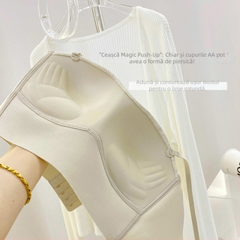 Sutien cu cupa în formă de palmă, fără cusături, cu bretele detașabile duble, material nylon cu căptușeală Spandex, închidere la spate cu patru rânduri de catarame, cupe modelate: subțire sus, gros jos.