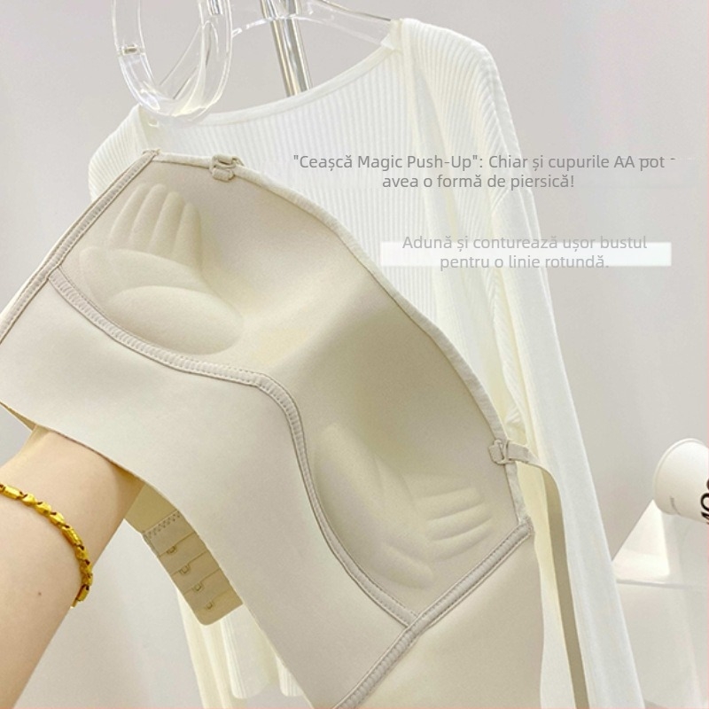 Sutien cu cupa în formă de palmă, fără cusături, cu bretele detașabile duble, material nylon cu căptușeală Spandex, închidere la spate cu patru rânduri de catarame, cupe modelate: subțire sus, gros jos.