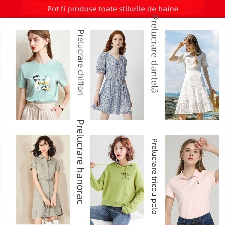 Procesare îmbrăcăminte personalizată pentru tricouri feminine din tricot și țesături — realizare modele, imprimare și broderie; OEM și procesare după desene; Țesături: bumbac, fibre sintetice, spandex, modal; Capacitate: 600 de bucăți