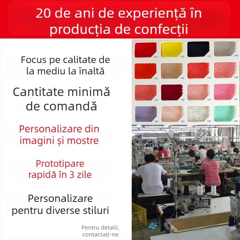 Procesare îmbrăcăminte personalizată pentru tricouri feminine din tricot și țesături — realizare modele, imprimare și broderie; OEM și procesare după desene; Țesături: bumbac, fibre sintetice, spandex, modal; Capacitate: 600 de bucăți