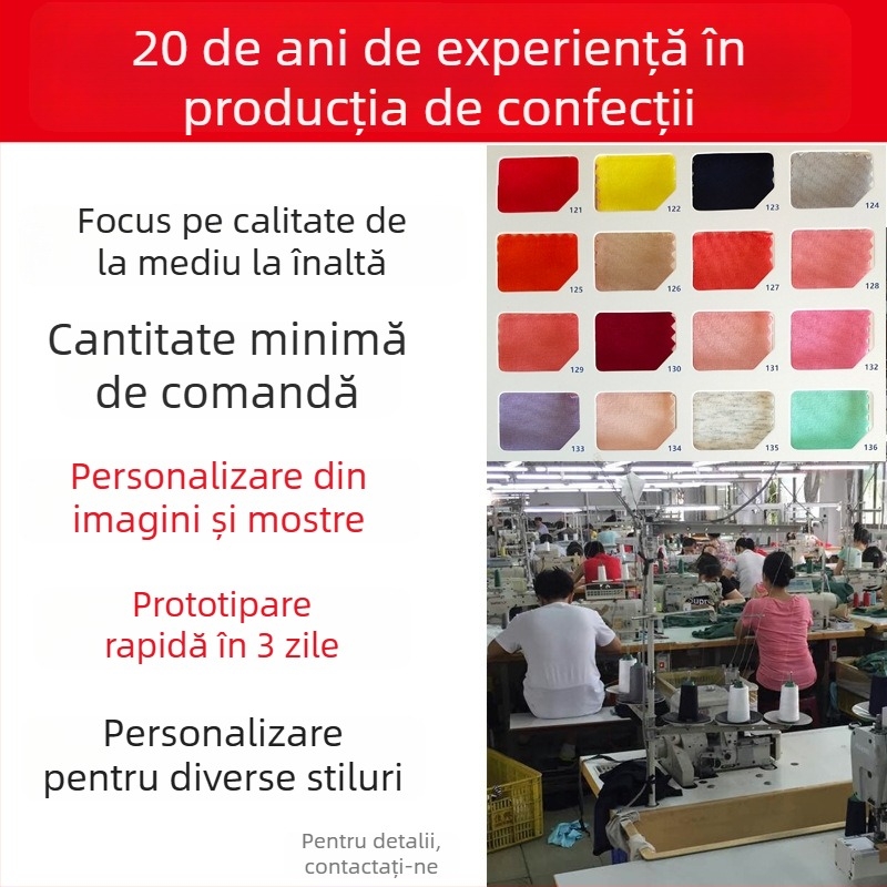 Procesare îmbrăcăminte personalizată pentru tricouri feminine din tricot și țesături — realizare modele, imprimare și broderie; OEM și procesare după desene; Țesături: bumbac, fibre sintetice, spandex, modal; Capacitate: 600 de bucăți