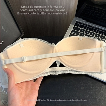 Bustier bandeau fără bretele, dantelă nylon, cupă jumătate, bretele detașabile dublu, închidere la spate cu trei rânduri de capse, formă: top subțire, bază mai groasă