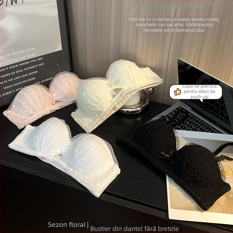 Bustier bandeau fără bretele, dantelă nylon, cupă jumătate, bretele detașabile dublu, închidere la spate cu trei rânduri de capse, formă: top subțire, bază mai groasă