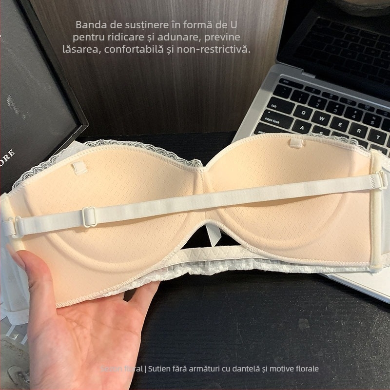 Bustier bandeau fără bretele, dantelă nylon, cupă jumătate, bretele detașabile dublu, închidere la spate cu trei rânduri de capse, formă: top subțire, bază mai groasă