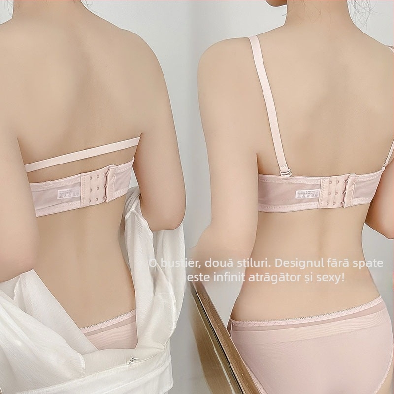 Bustier bandeau fără bretele, dantelă nylon, cupă jumătate, bretele detașabile dublu, închidere la spate cu trei rânduri de capse, formă: top subțire, bază mai groasă