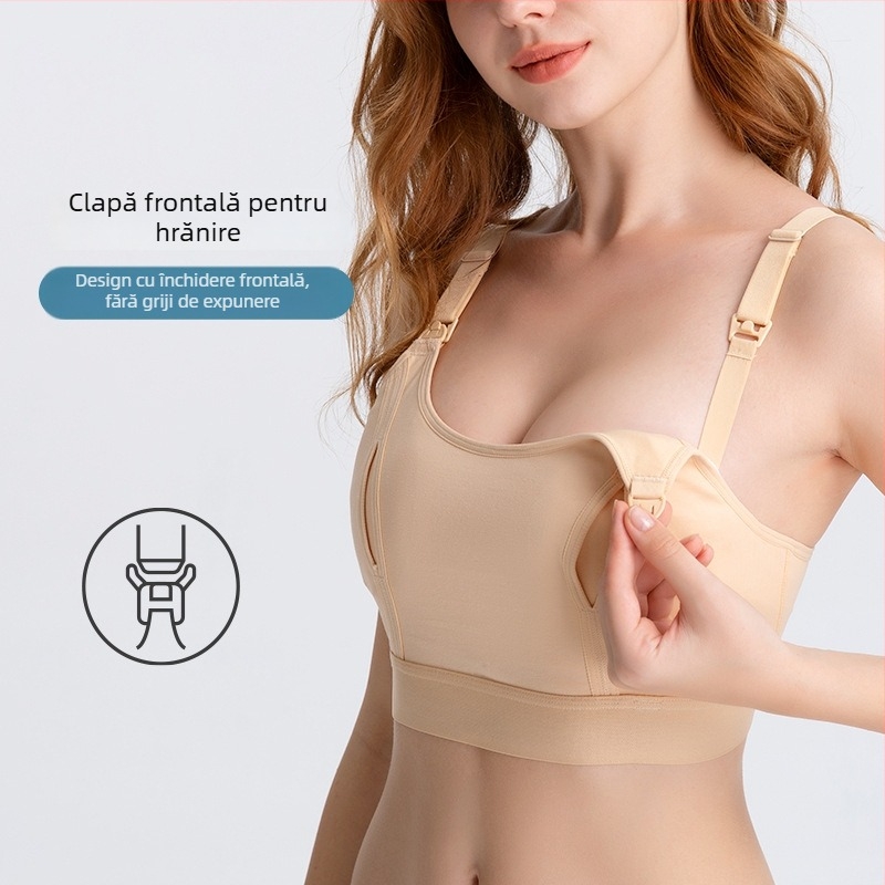 Sutien de alăptare post-partum cu bretele detașabile, cupe subțiri modelate, fără arici metalici, material principal 90–95% bumbac, căptușeală 100% bumbac, închidere la spate cu patru rânduri de cârlige, design dintr-o bucată, pentru alăptare