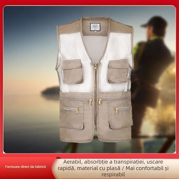 Vesta de vară pentru bărbați, respirabilă, ușoară, cu fermoar, decolteu în V, croială lejeră, cu multe buzunare, potrivită pentru toate anotimpurile, material din amestec de fibre chimice cu 60% spandex, căptușeală acrilică