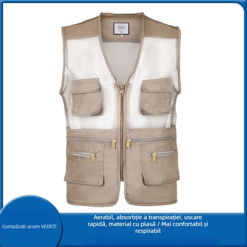 Vesta de vară pentru bărbați, respirabilă, ușoară, cu fermoar, decolteu în V, croială lejeră, cu multe buzunare, potrivită pentru toate anotimpurile, material din amestec de fibre chimice cu 60% spandex, căptușeală acrilică