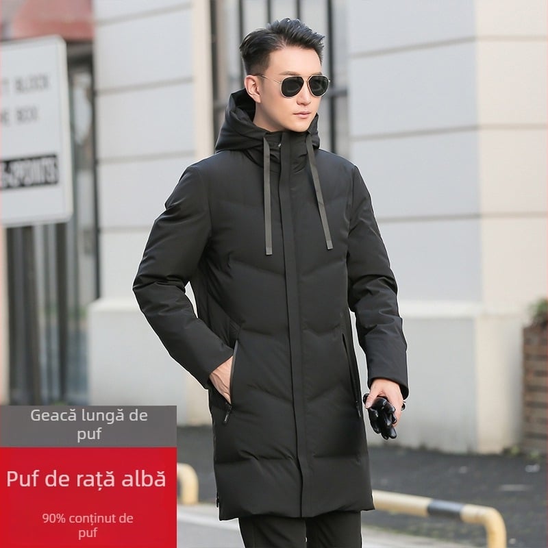 Jachetă din puf de rață alb, lungime medie, cu glugă, pentru bărbați 2076