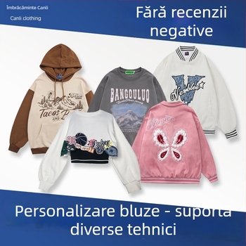 Hanorac de lucru personalizat cu logo și tricou tricotat – prelucrare OEM după proiecte, probă în 3 zile; capacitate 3000 buc./zi; materiale: bumbac, lână, poliester, denim