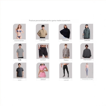 Îmbrăcăminte personalizată – tricouri, hanorace, șorturi; producție OEM conform desenelor; procesare probe; materiale: bumbac, poliester, elastan