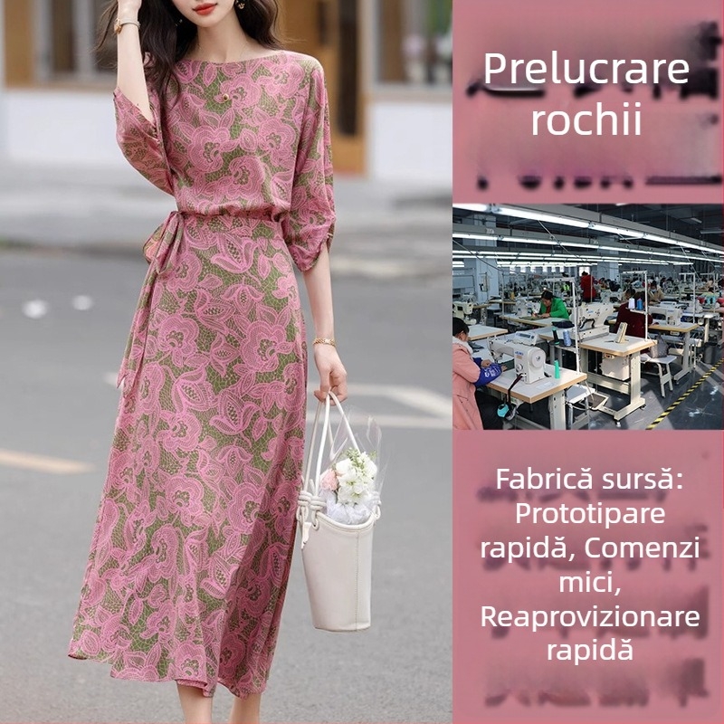 Rochie tricotată imprimată — producție OEM și probă, producție pe baza desenelor, calitate medie, 3-5 cicluri de aprobare a probelor, 7 zile termen de execuție, capacitate 1000, materiale: bumbac, mătase, chiffon, poliester.