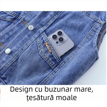 Vesta din denim de mărime plus, cu căptușeală fleece, croială lejeră, buzunare, vestă-jachetă toamnă-iarnă 2025