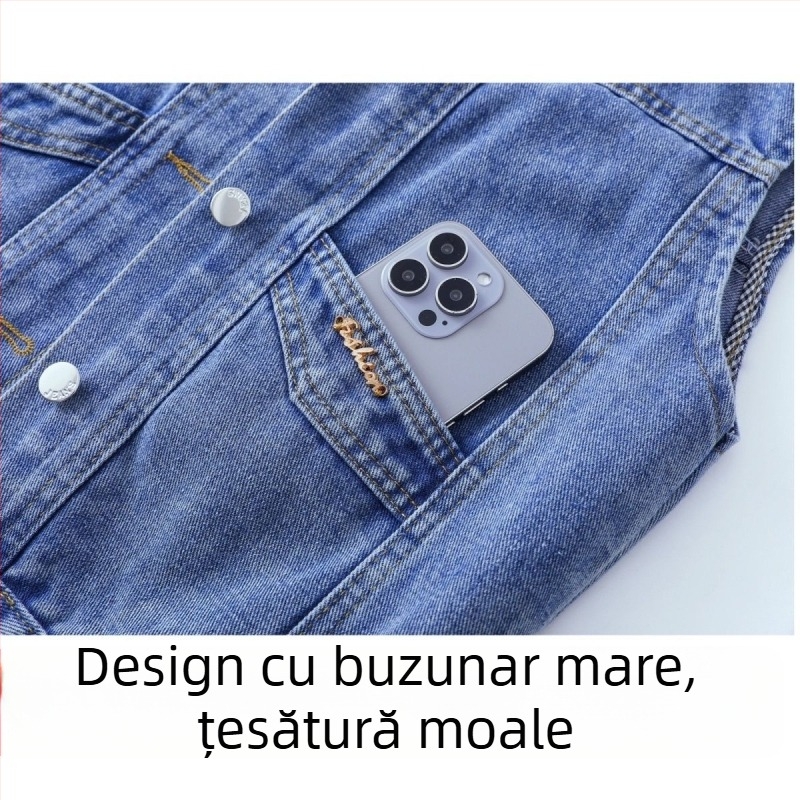 Vesta din denim de mărime plus, cu căptușeală fleece, croială lejeră, buzunare, vestă-jachetă toamnă-iarnă 2025