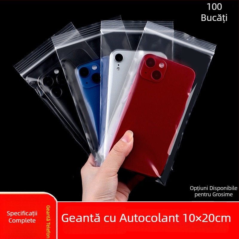 Geantă protectoare transparentă, autosigilantă, impermeabilă și la praf, pentru ambalarea telefonului mobil; Material: PE nou; Lungime sigilare: 1–1,5 cm; Personalizabil