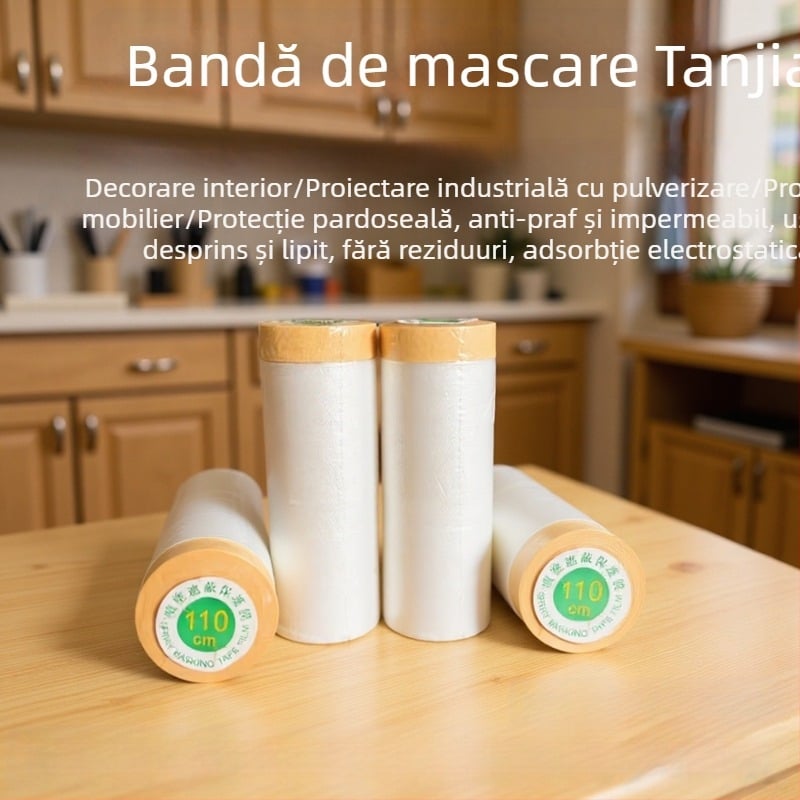 Folie de protecție de unică folosință pentru mascare în construcții și vopsire auto, PE film, adeziv din cauciuc, substrat din hârtie micro + film