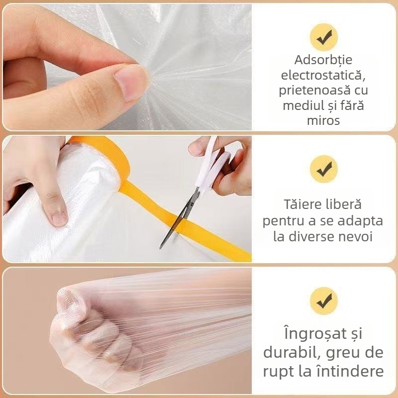 Folie de protecție de unică folosință pentru mascare în construcții și vopsire auto, PE film, adeziv din cauciuc, substrat din hârtie micro + film