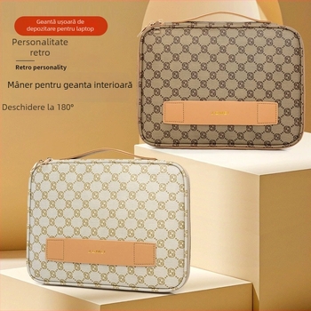 Geantă de laptop stil satchel, retro, cu model în carouri, exterior PU, căptușeală din poliester, impermeabilă și rezistentă la șocuri