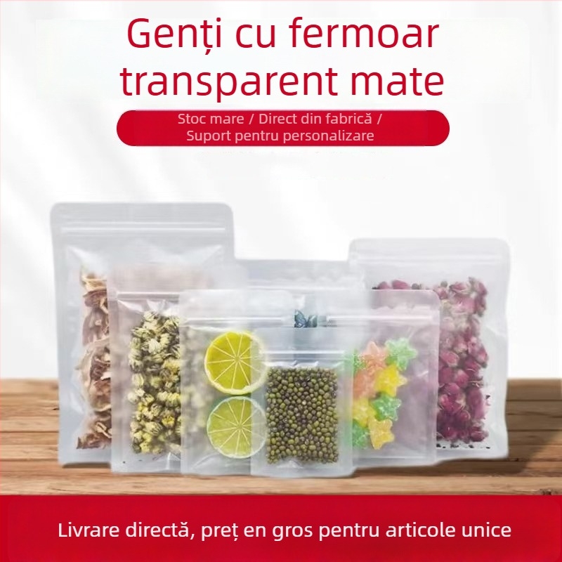 Pungă pentru gustări cu fund plat, auto-seal, sigilare pe trei laturi, finisaj mat, material: OPP+PET+CPP