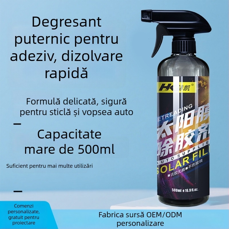 Curățător spumă pentru geam auto cu îndepărtare de lipit de pe folii solare; ingrediente principale: apă deionizată, surfactanți, cellosolve, ingrediente active; durata de valabilitate 3 ani; standard QB/T 4525-2013; etichetare privată disponibilă