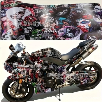 Folie PVC pentru mașină cu graffiti – design de craniu și flori | instalare adezivă | model geometric | potrivit pentru partea din față, capotă, portbagaj, plafon și părți laterale