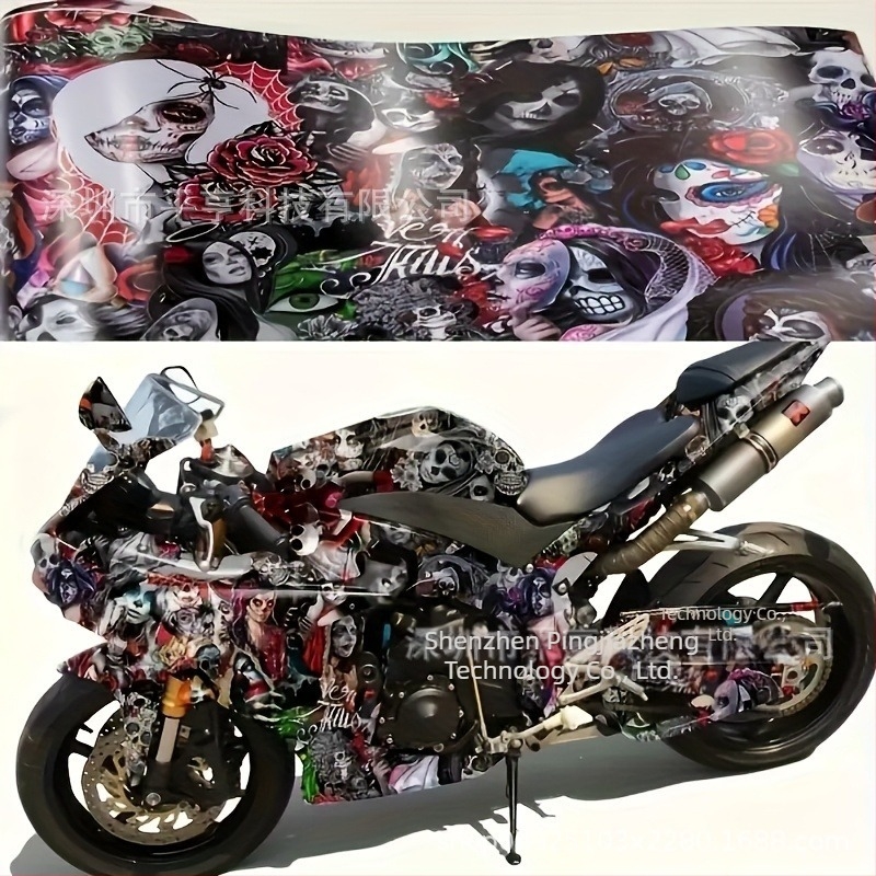 Folie PVC pentru mașină cu graffiti – design de craniu și flori | instalare adezivă | model geometric | potrivit pentru partea din față, capotă, portbagaj, plafon și părți laterale