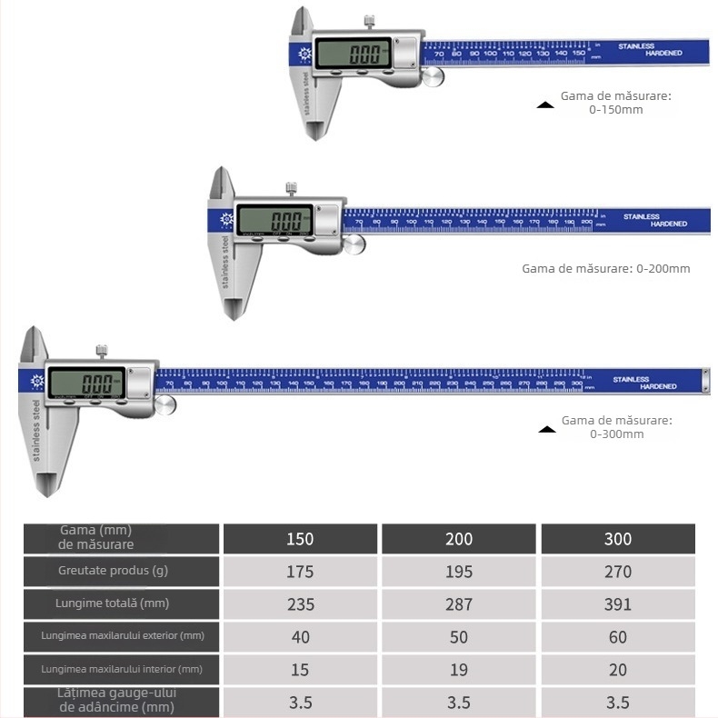 Caliper digital din oțel inoxidabil, cu ecran mare, capac metalic și tijă de adâncime