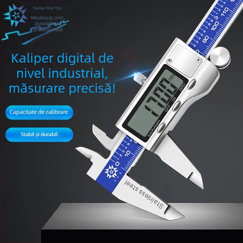 Caliper digital din oțel inoxidabil, cu ecran mare, capac metalic și tijă de adâncime