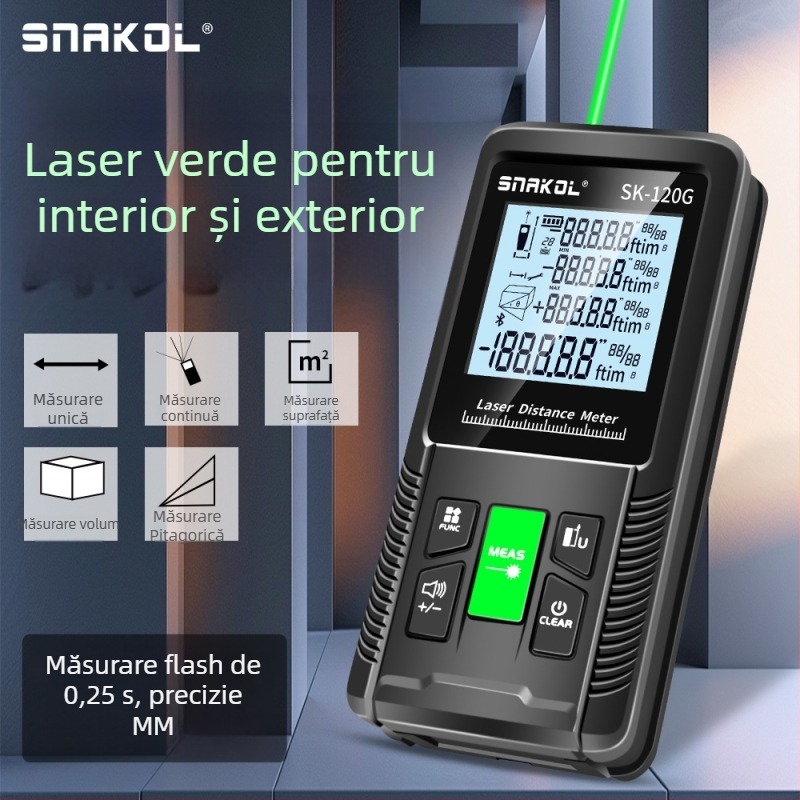 Metru de distanță cu laser cu lumină verde, riglă digitală de înaltă precizie pentru exterior, nivel laser portabil cu Bluetooth pentru măsurarea încăperilor