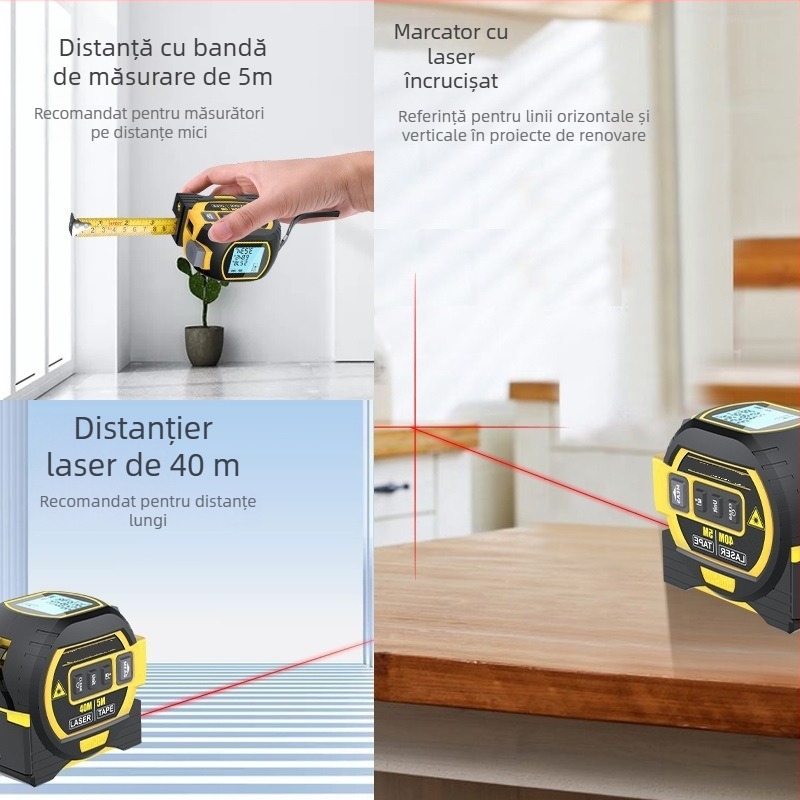 Măsurător de distanță cu laser 3 în 1, bandă de măsurare și laser încrucișat pentru măsurători interioare
