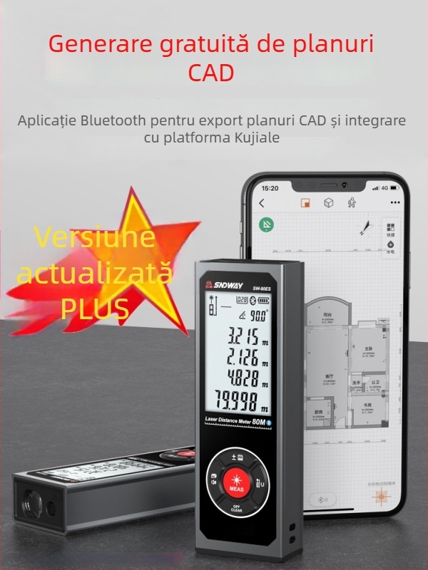 Shendawei mini distanțimetru laser Bluetooth, riglă portabilă cu infraroșu, riglă electronică pentru măsurarea încăperilor, precizie înaltă