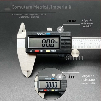 Calibru digital din oțel inoxidabil, corp complet metalic, măsurare în mm și inci, comutare între sistemul metric și inci