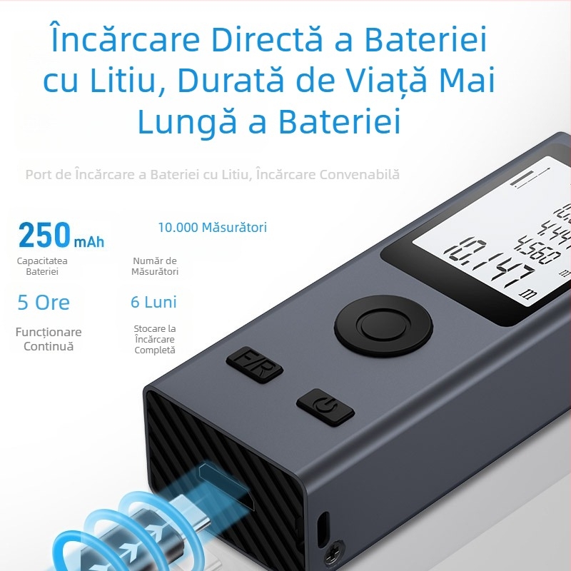 Măsurător de distanță cu laser portabil, măsurare infraroșu, riglă digitală pentru măsurarea precisă a încăperilor, compact
