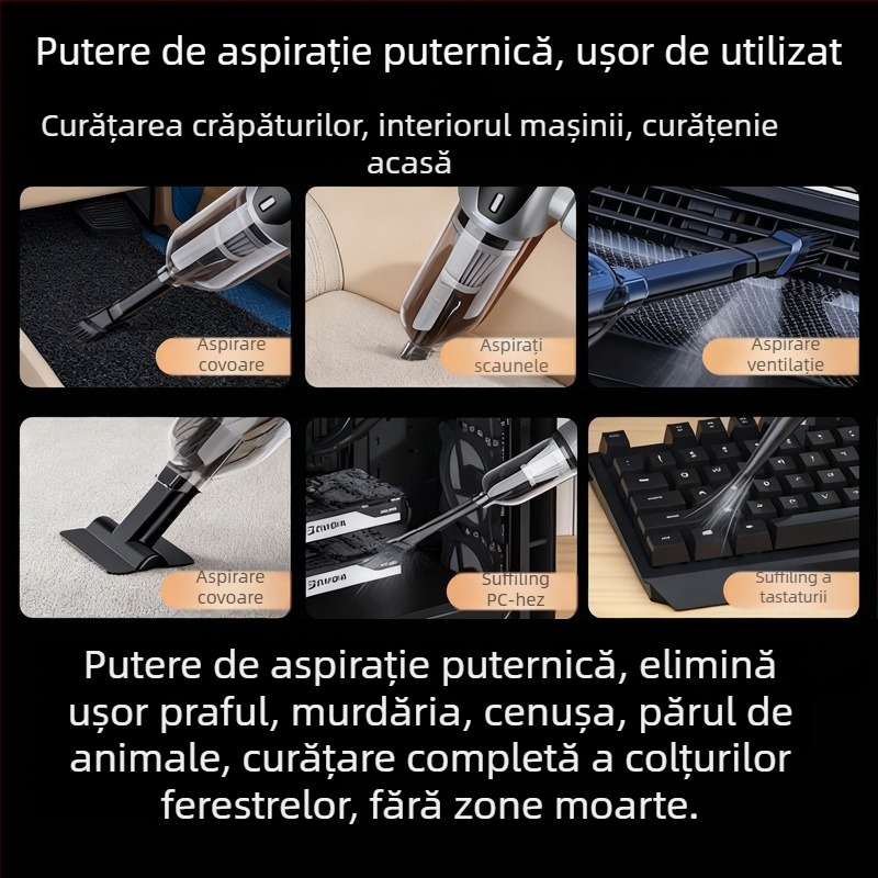 Aspirator auto fără fir, portabil, manevrabil, încărcare USB, baterie încorporată, 100 W, aspirație 15.1–20 kPa, uscat, recipient praf