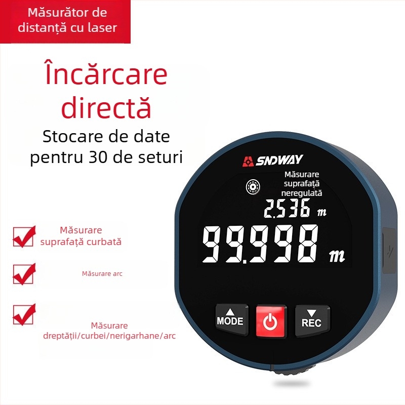 Măsurător de distanță portabil cu role SW-X30D, afișaj digital, interval 0–99 m, precizie 0.1, tensiune 3.7 V