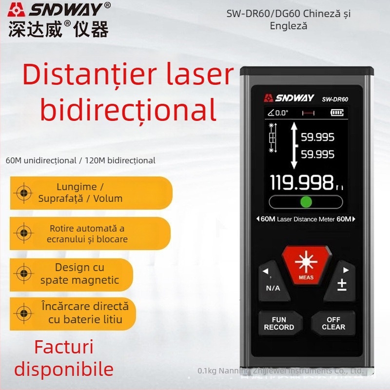 SNDWAY SW-DR60 dispozitiv laser bidirecțional, rază 100 m pe un sens / 200 m pe două sensuri, precizie ±2 mm + d×10 000, pentru măsurători în interior pe lungime și înălțime.
