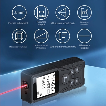 Distanțier laser portabil pentru măsurători – rază 100 m, precizie ±2 mm, baterie uscată Nr.2/Nr.7, stocare până la 20 măsurători