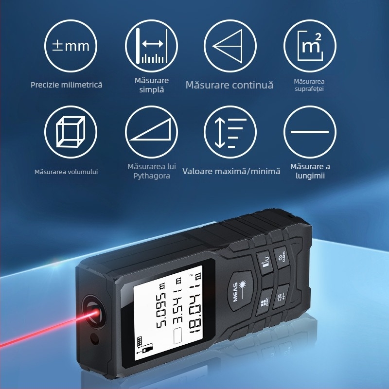 Distanțier laser portabil pentru măsurători – rază 100 m, precizie ±2 mm, baterie uscată Nr.2/Nr.7, stocare până la 20 măsurători