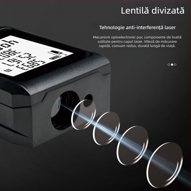 Distanțier laser portabil pentru măsurători – rază 100 m, precizie ±2 mm, baterie uscată Nr.2/Nr.7, stocare până la 20 măsurători