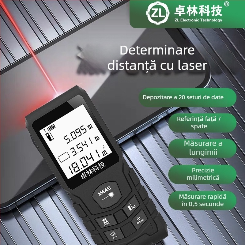 Distanțier laser portabil pentru măsurători – rază 100 m, precizie ±2 mm, baterie uscată Nr.2/Nr.7, stocare până la 20 măsurători