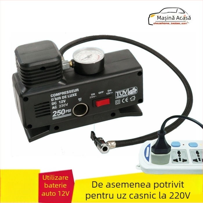Pompa de aer auto, cilindru unic, 12V, 220W, debit 25 L/min, cablu 3 m, manometru pentru presiunea pneurilor