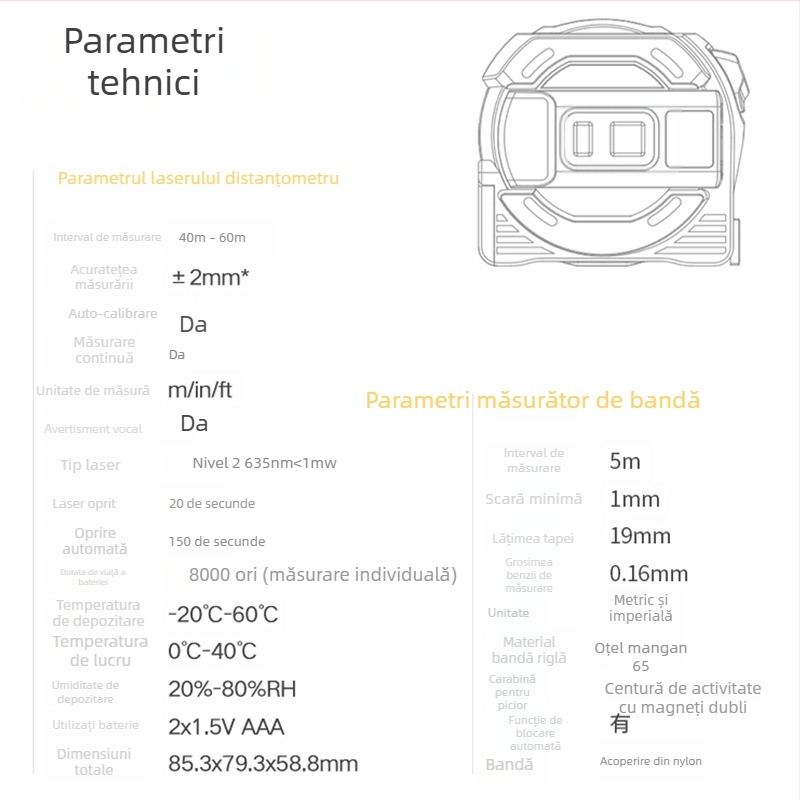 Distanțier laser portabil cu bandă și măsurare infraroșie, gamă 0–60 m, precizie ±2, tensiune de funcționare 1,5 V