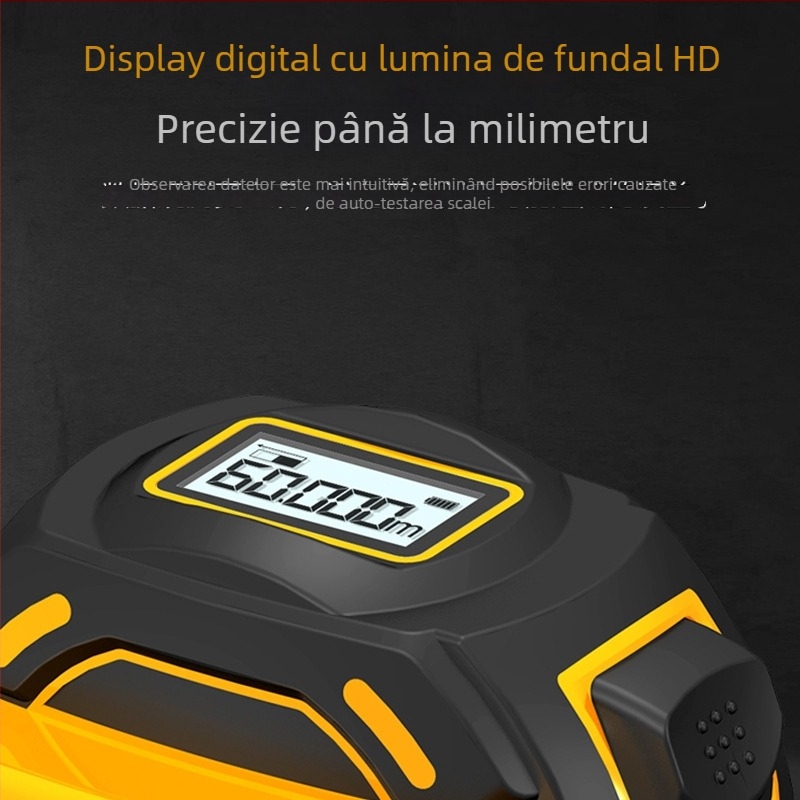 Distanțier laser portabil cu bandă și măsurare infraroșie, gamă 0–60 m, precizie ±2, tensiune de funcționare 1,5 V